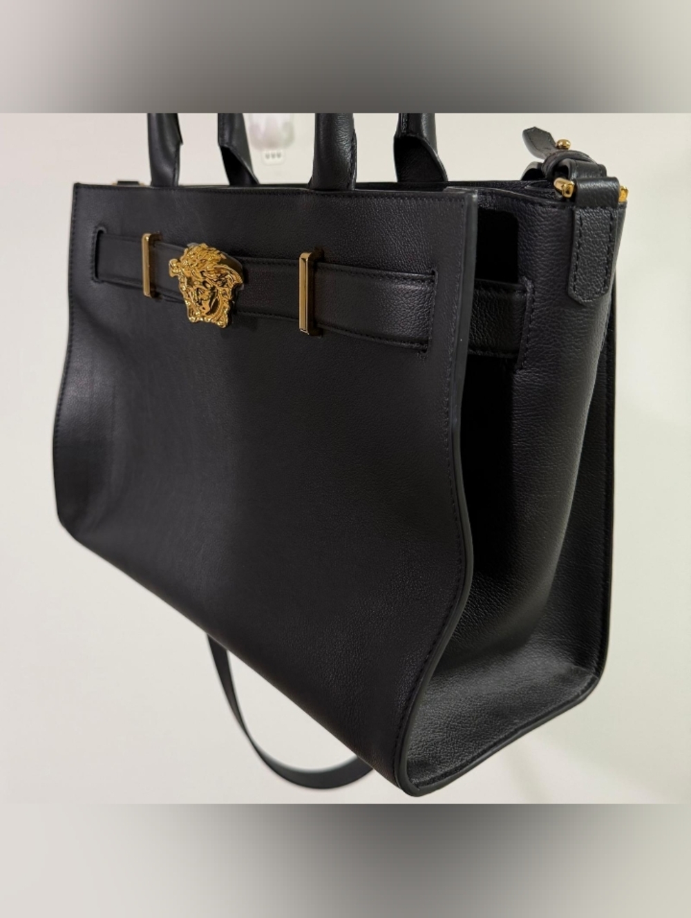 Versace Medusa Large Tote Bag Black Leather Gold Hardware Top Handle Shoulder - Picture 5 of 14